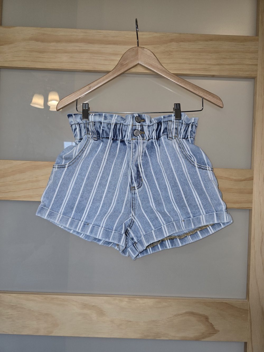 PacSun Light Blue and White Striped High-Waist Paperbag Shorts